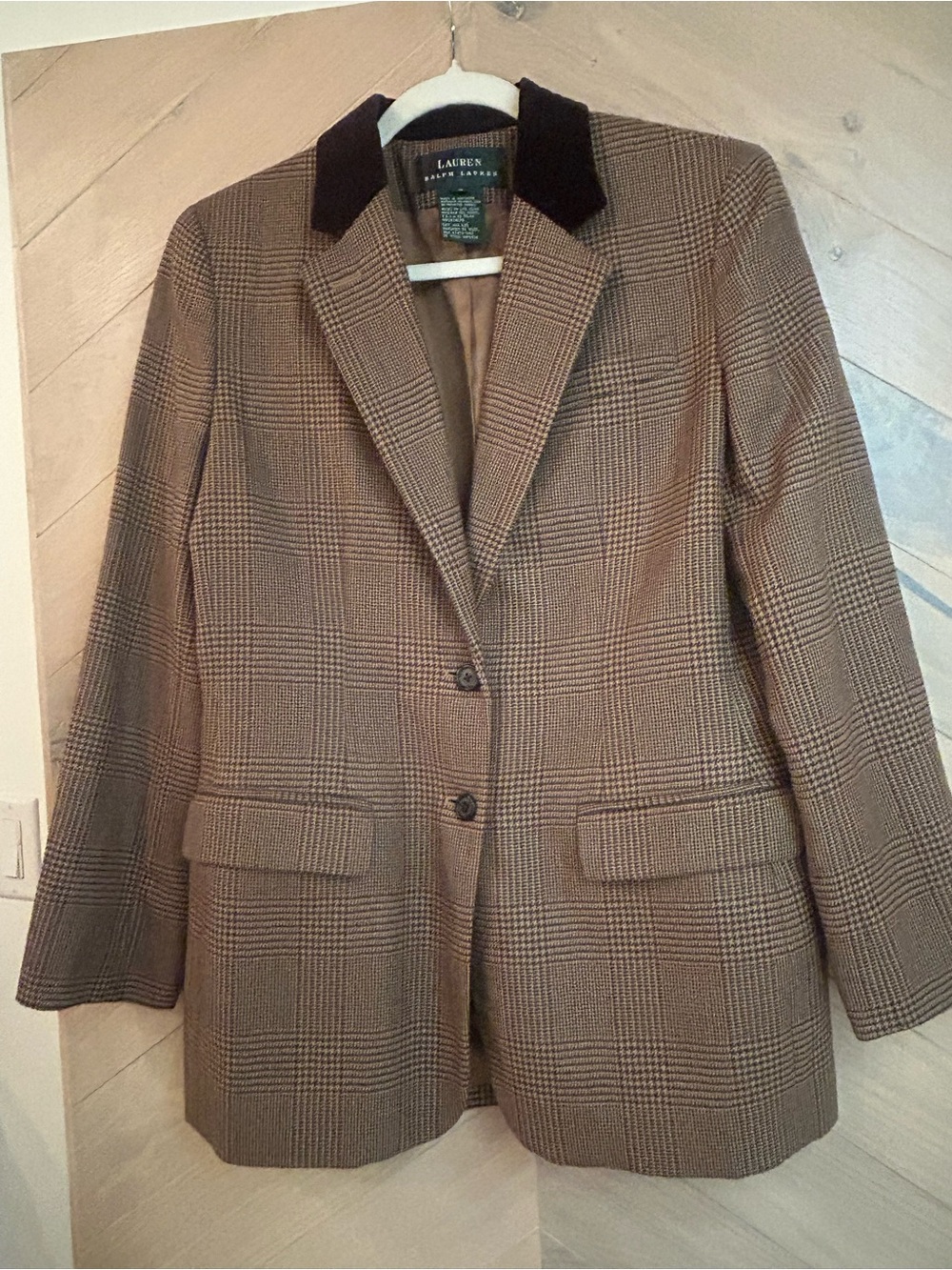 Vintage 90s Lauren Ralph Lauren Pure Wool Glen Plaid Blazer Velvet Collar